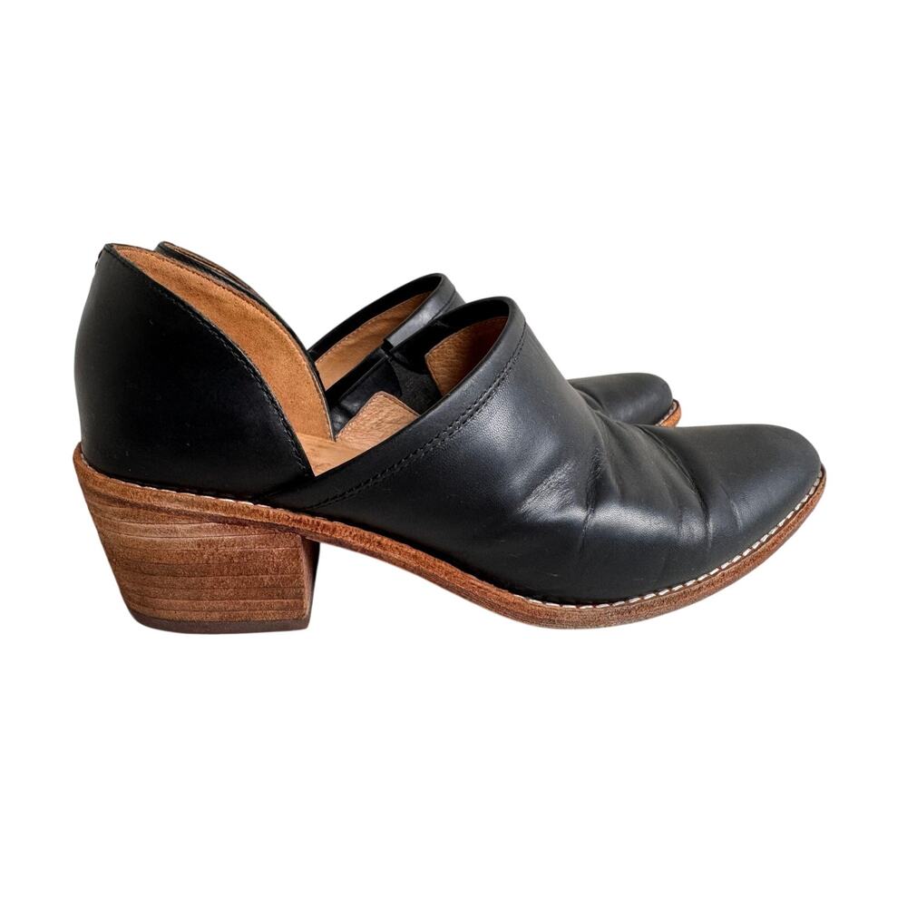Madewell The Brady black leather low cut booties wood stack heel comfy Sz 7.5